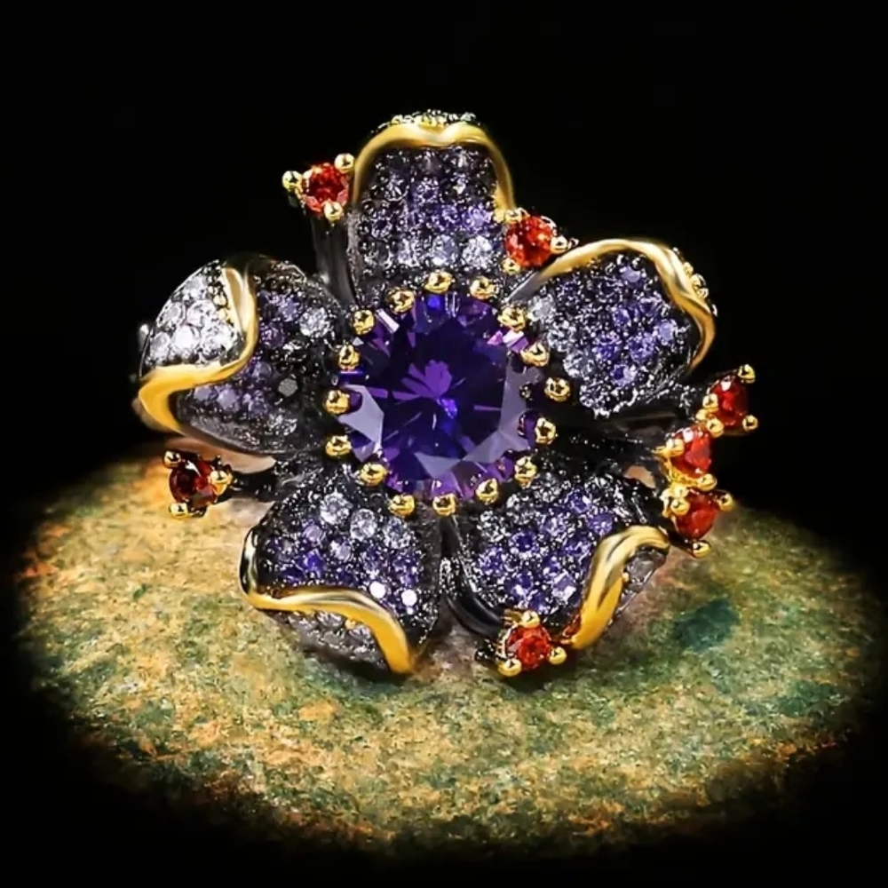 "Rare Indigo Orchid" .925 Solid Sterling Silver Black Gold Plated Statement Ring - Picture 3 of 6